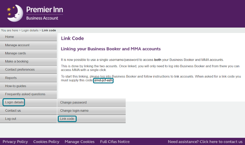 1. Find your link code in the Premier Inn Business Account portal