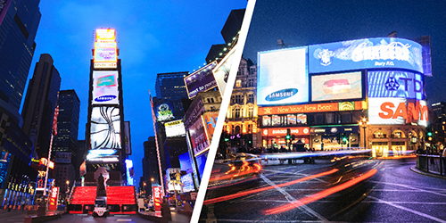 New York City Times Square, USA and Piccadilly Circus, London